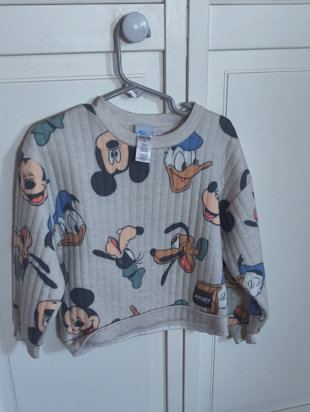 Disney Beige Cropped Sweatshirt with Multi-Color Character Faces